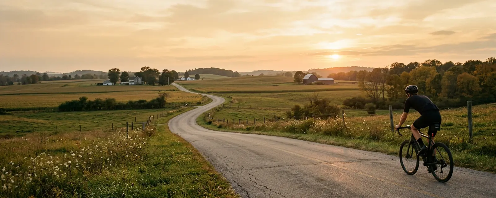 A road cyclist riding a winding country road through Ohio farmland at sunset